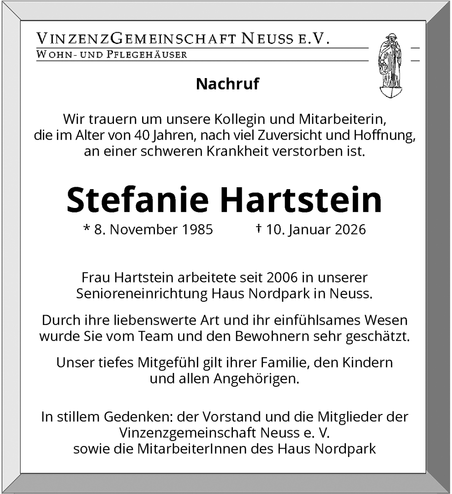  Traueranzeige für Stefanie Hartstein vom 31.01.2026 aus Rheinische Post