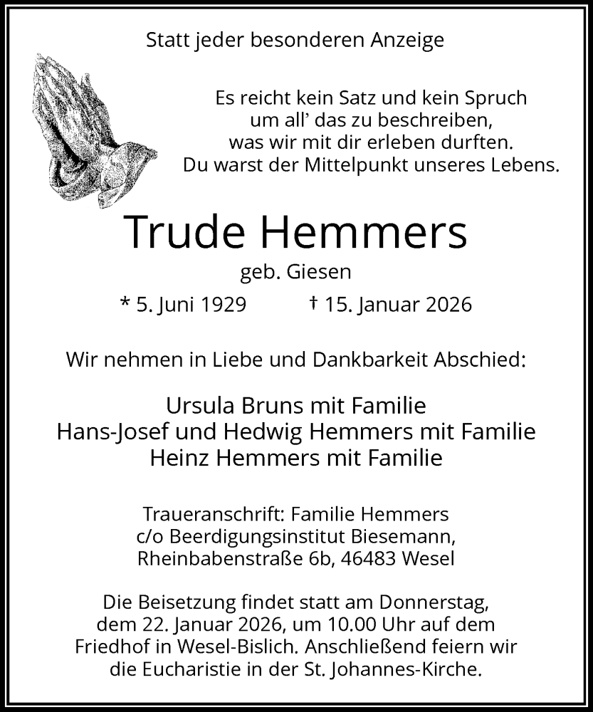 Traueranzeige für Trude Hemmers vom 20.01.2026 aus Rheinische Post