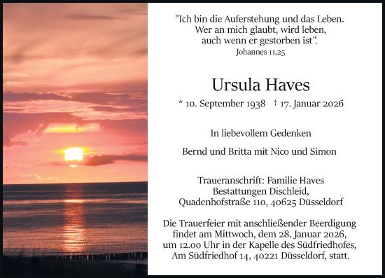 Traueranzeige von Ursula Haves von Rheinische Post