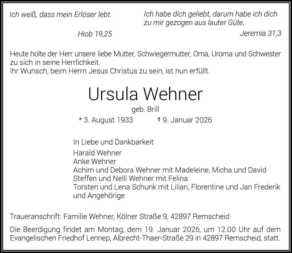 Traueranzeige für Ursula Wehner vom 17.01.2026 aus Rheinische Post