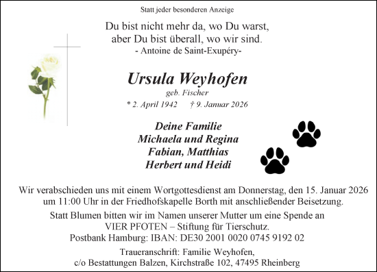 Traueranzeige von Ursula Weyhofen von Rheinische Post