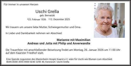 Traueranzeige von Uschi Grella von Rheinische Post