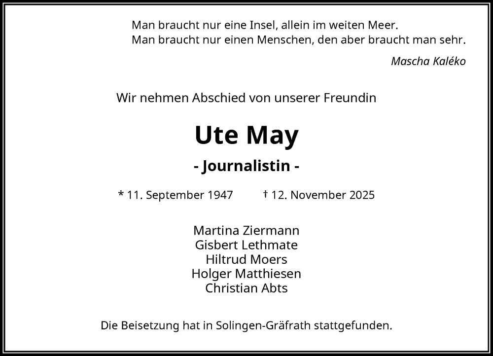  Traueranzeige für Ute May vom 17.01.2026 aus Rheinische Post