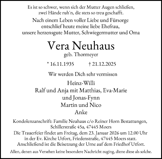 Traueranzeige von Vera Neuhaus von Rheinische Post