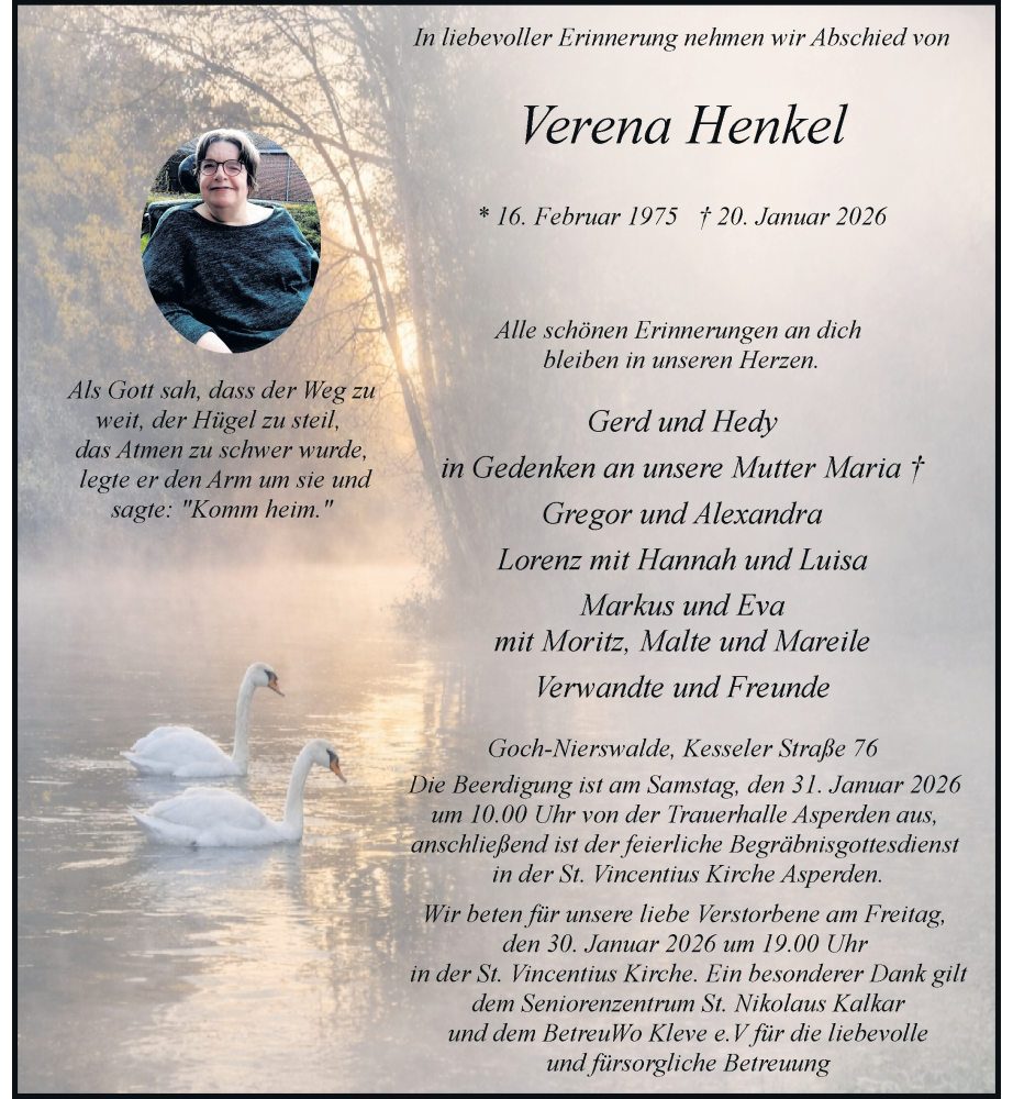 Traueranzeige für Verena Henkel vom 27.01.2026 aus Rheinische Post