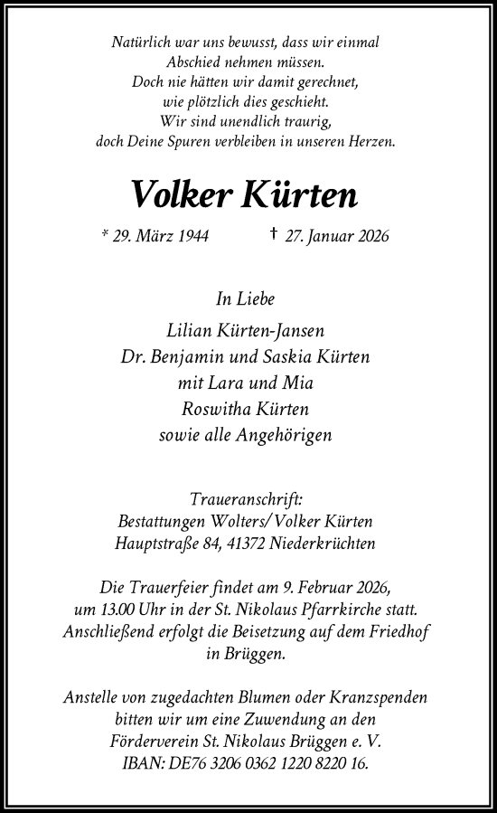 Traueranzeige von Volker Kürten von Rheinische Post