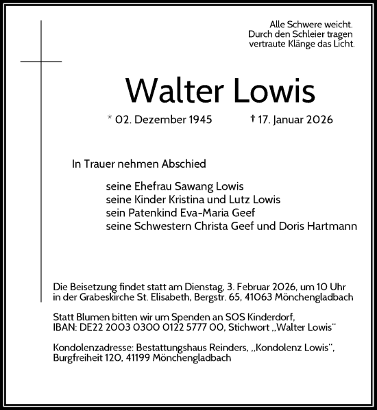 Traueranzeige von Walter Lowis von Rheinische Post