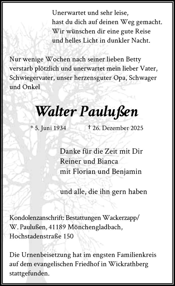  Traueranzeige für Walter Paulußen vom 17.01.2026 aus Rheinische Post