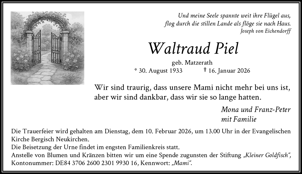  Traueranzeige für Waltraud Piel vom 31.01.2026 aus Rheinische Post