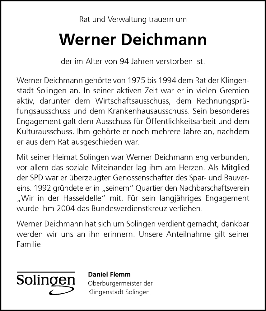  Traueranzeige für Werner Deichmann vom 31.01.2026 aus Rheinische Post