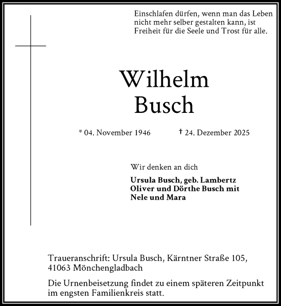 Traueranzeige von Wilhelm Busch von Rheinische Post