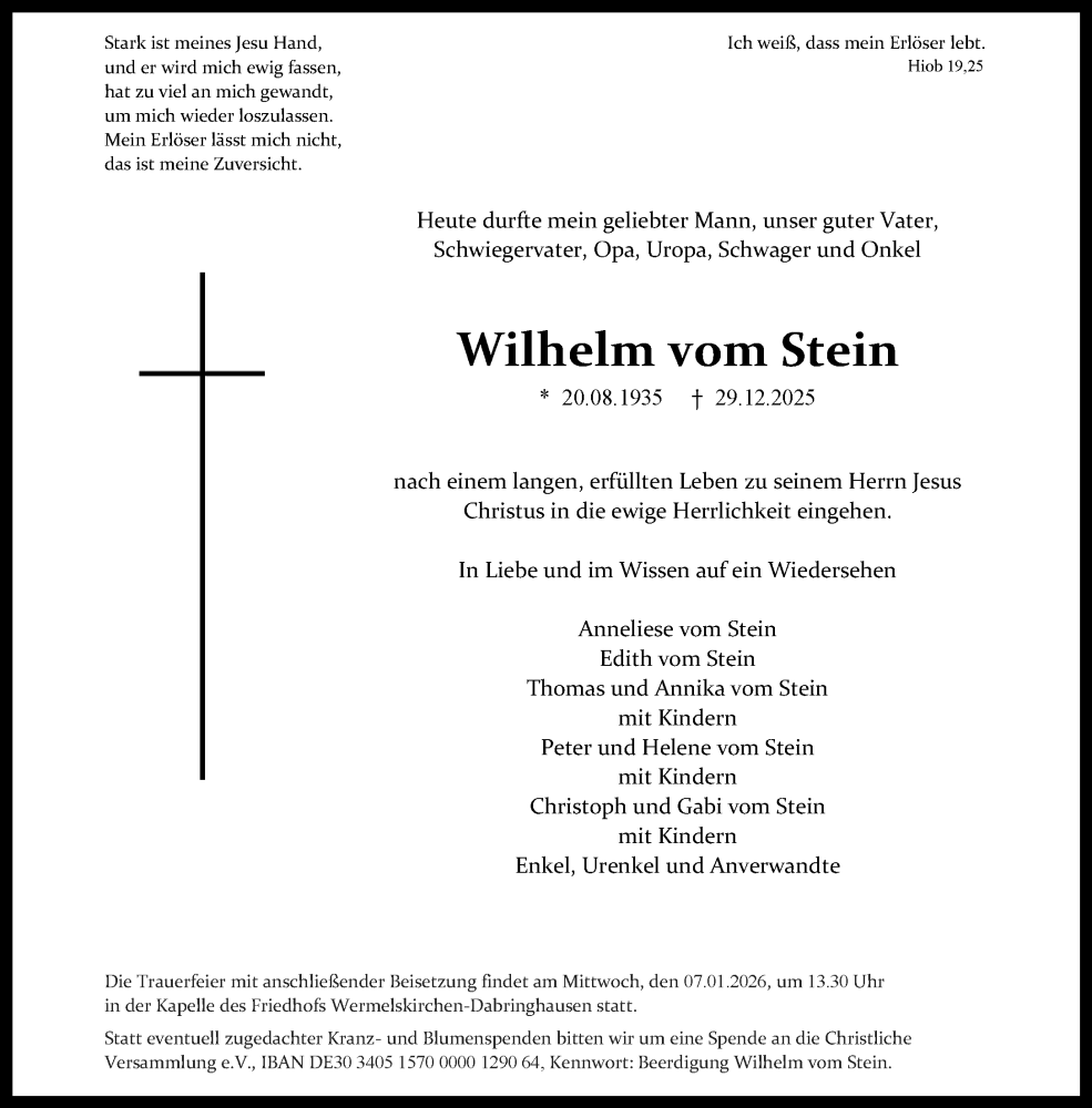  Traueranzeige für Wilhelm vom Stein vom 03.01.2026 aus Rheinische Post