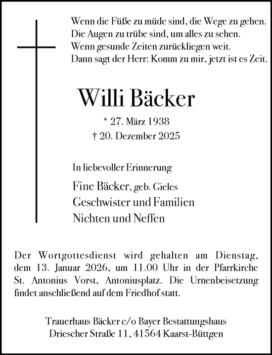Traueranzeige von Willi Bäcker von Rheinische Post