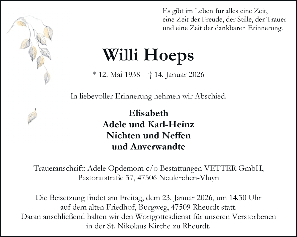  Traueranzeige für Willi Hoeps vom 17.01.2026 aus Rheinische Post