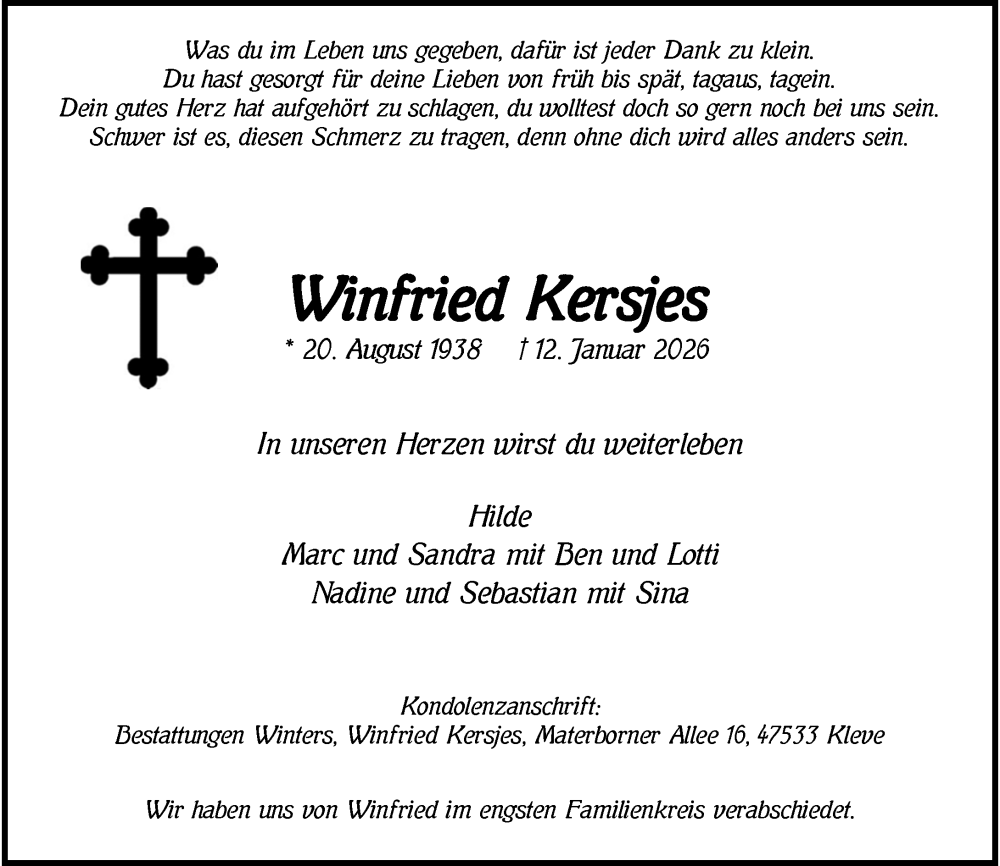  Traueranzeige für Winfried Kersjes vom 31.01.2026 aus Rheinische Post