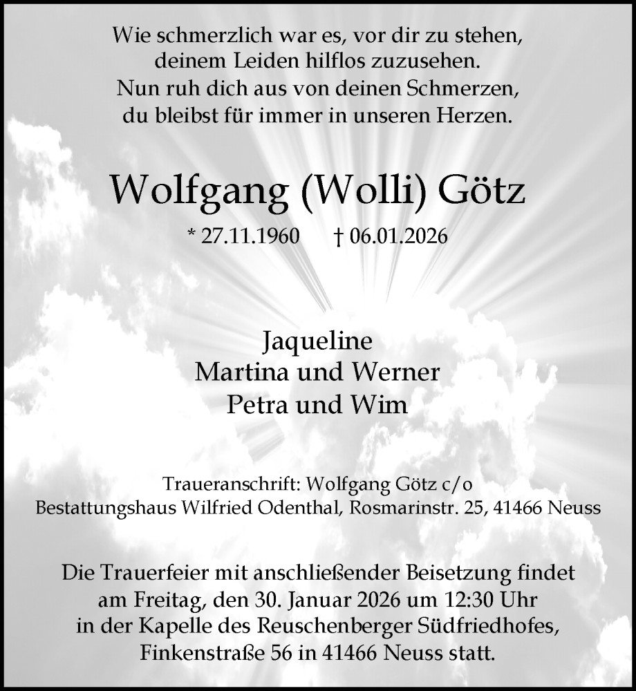  Traueranzeige für Wolfgang Götz vom 24.01.2026 aus Rheinische Post