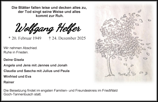 Traueranzeige von Wolfgang Helfer von Rheinische Post