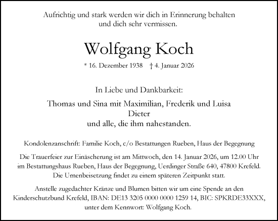 Traueranzeige von Wolfgang Koch von Rheinische Post