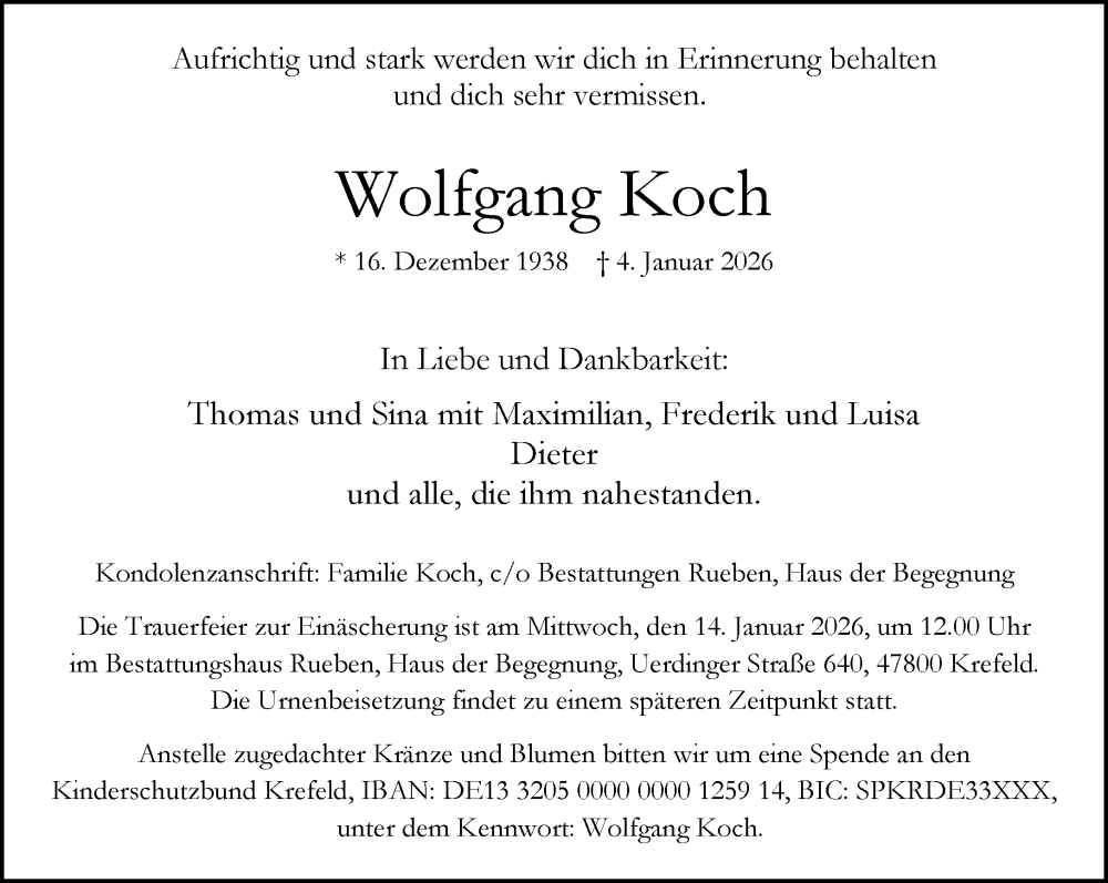  Traueranzeige für Wolfgang Koch vom 10.01.2026 aus Rheinische Post