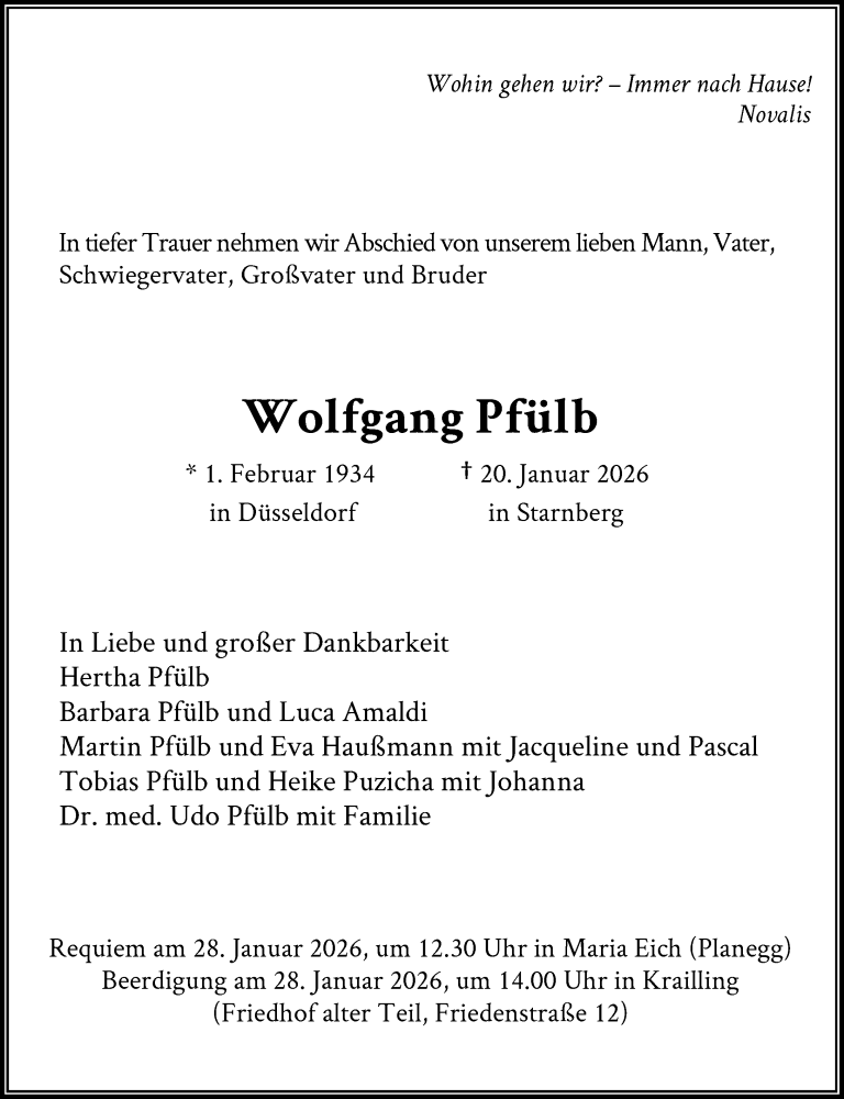  Traueranzeige für Wolfgang Pfülb vom 24.01.2026 aus Rheinische Post