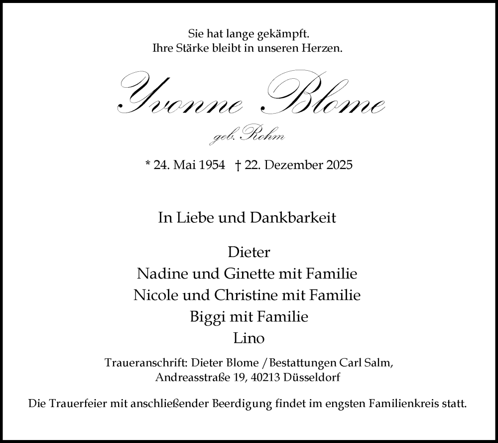  Traueranzeige für Yvonne Blome vom 03.01.2026 aus Rheinische Post