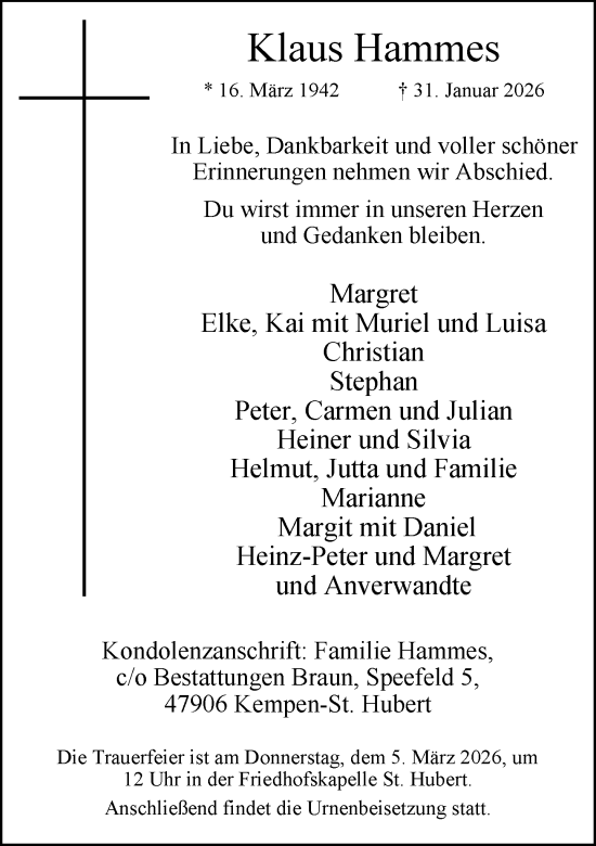 Traueranzeige von Klaus Hammes von Rheinische Post