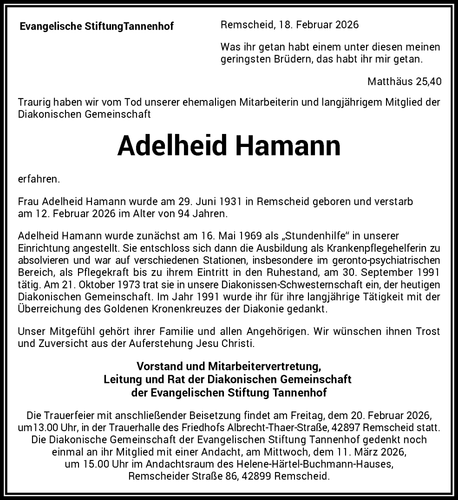  Traueranzeige für Adelheid Hamann vom 19.02.2026 aus Rheinische Post