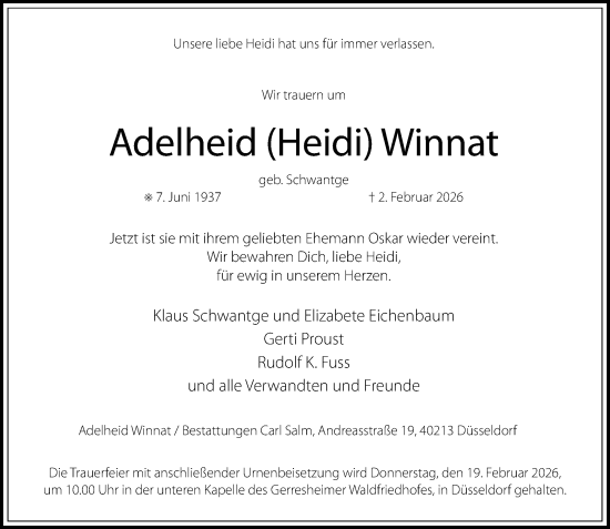 Traueranzeige von Adelheid Winnat von Rheinische Post