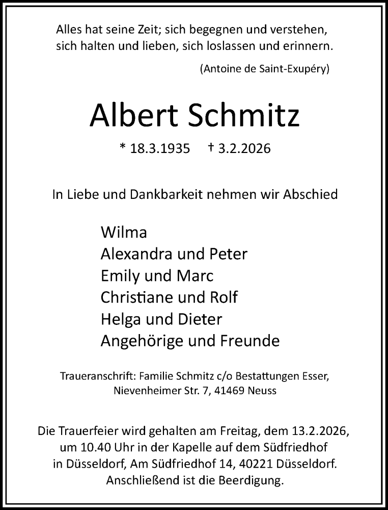  Traueranzeige für Albert Schmitz vom 07.02.2026 aus Rheinische Post