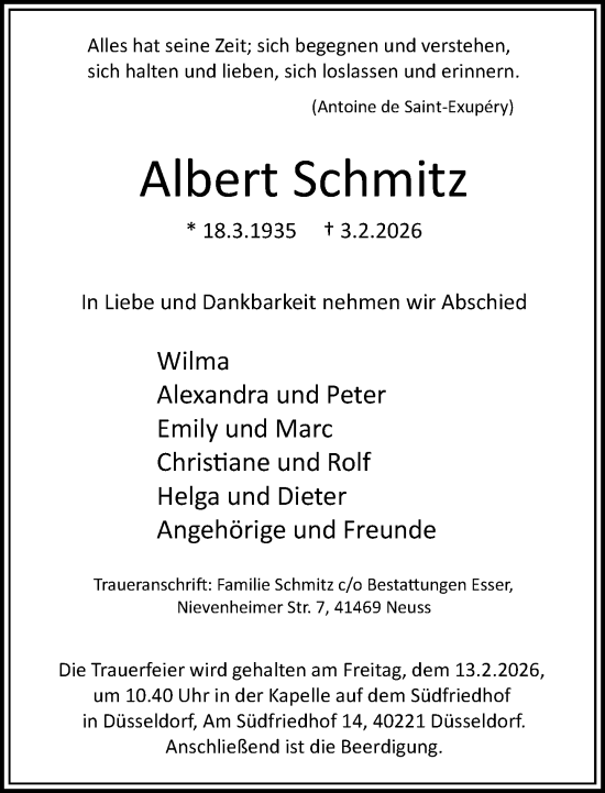 Traueranzeige von Albert Schmitz von Rheinische Post