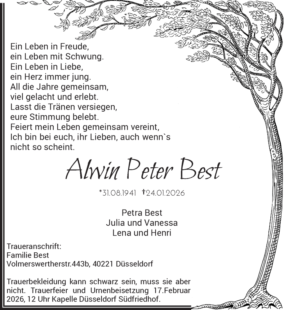  Traueranzeige für Alwin Peter Best vom 07.02.2026 aus Rheinische Post