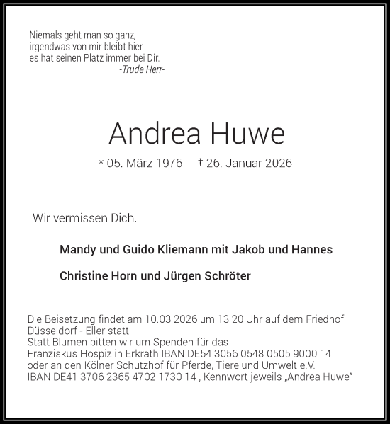Traueranzeige von Andrea Huwe von Rheinische Post