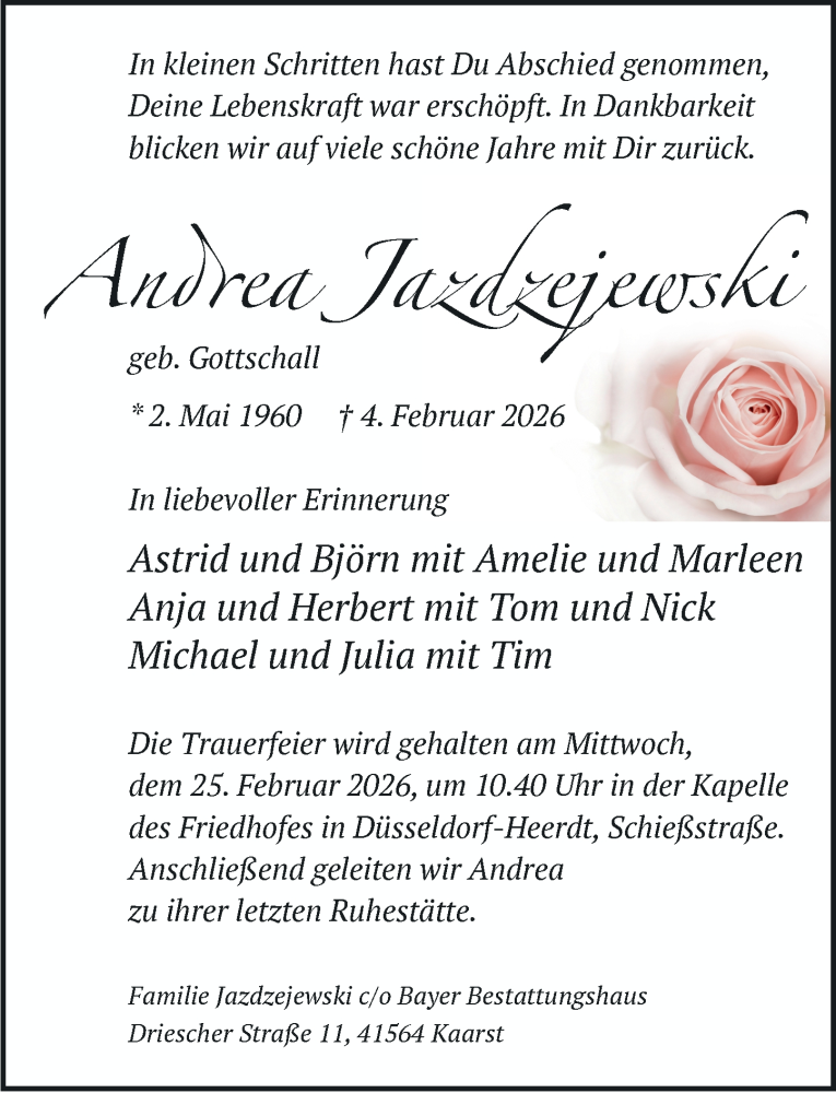  Traueranzeige für Andrea Jazdzejewski vom 14.02.2026 aus Rheinische Post