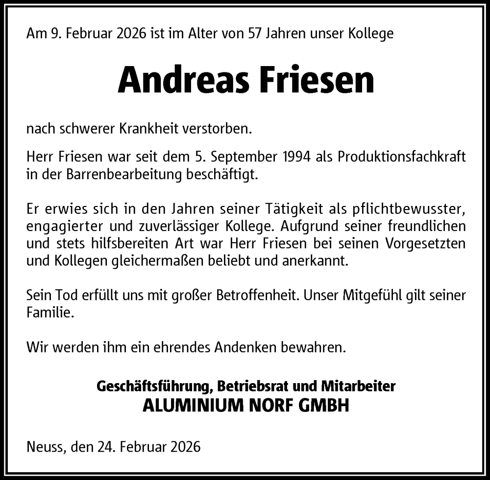  Traueranzeige für Andreas Friesen vom 24.02.2026 aus Rheinische Post