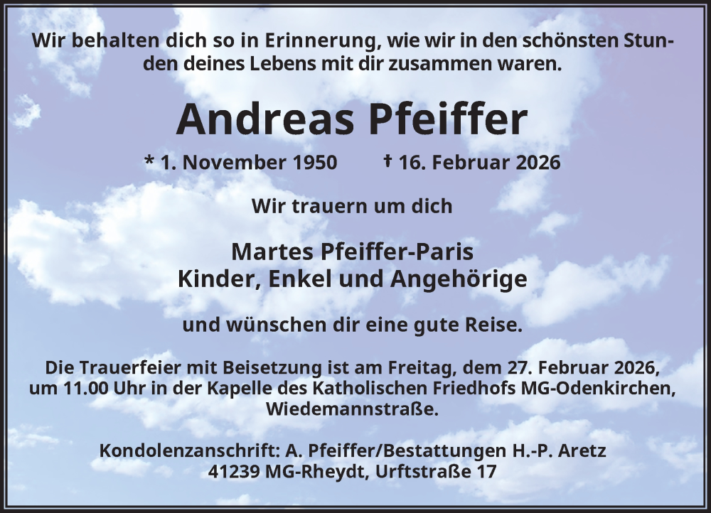  Traueranzeige für Andreas Pfeiffer vom 21.02.2026 aus Rheinische Post