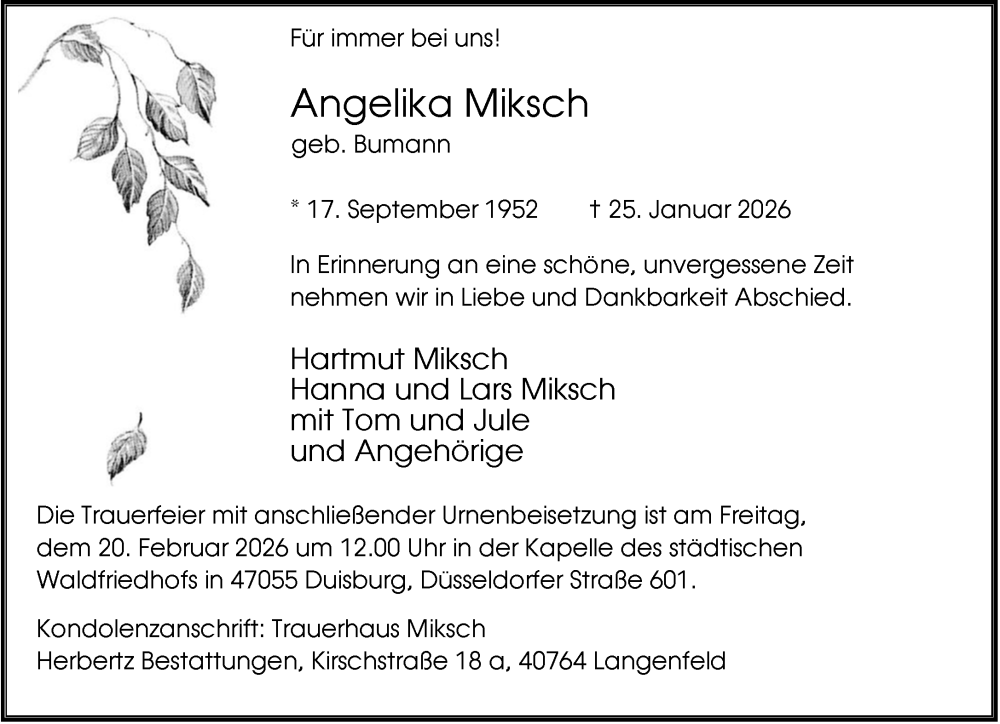  Traueranzeige für Angelika Miksch vom 07.02.2026 aus Rheinische Post