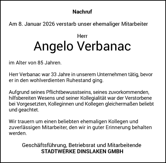 Traueranzeige von Angelo Verbanac von Rheinische Post