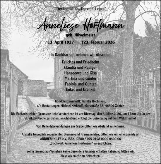 Traueranzeige von Anneliese Hortmann von Rheinische Post