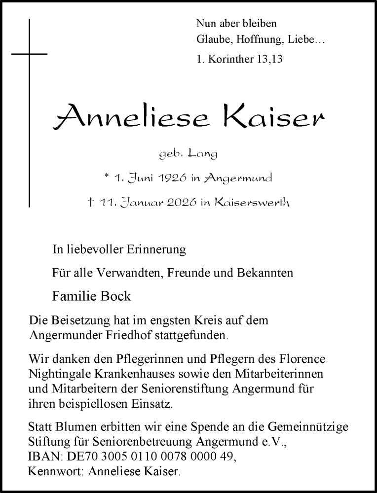  Traueranzeige für Anneliese Kaiser vom 07.02.2026 aus Rheinische Post