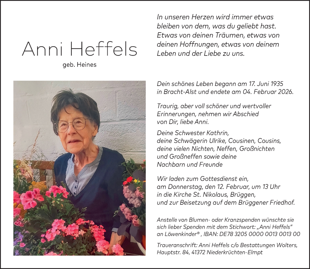  Traueranzeige für Anni Heffels vom 07.02.2026 aus Rheinische Post