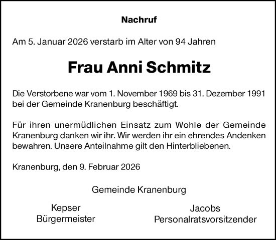 Traueranzeige von Anni Schmitz von Rheinische Post