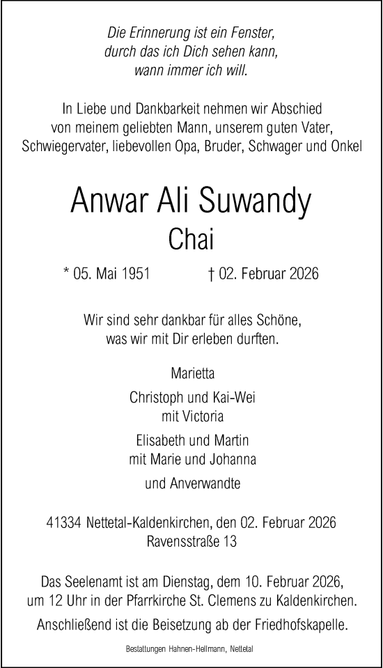 Traueranzeige von Anwar Ali Suwandy Chai von Rheinische Post