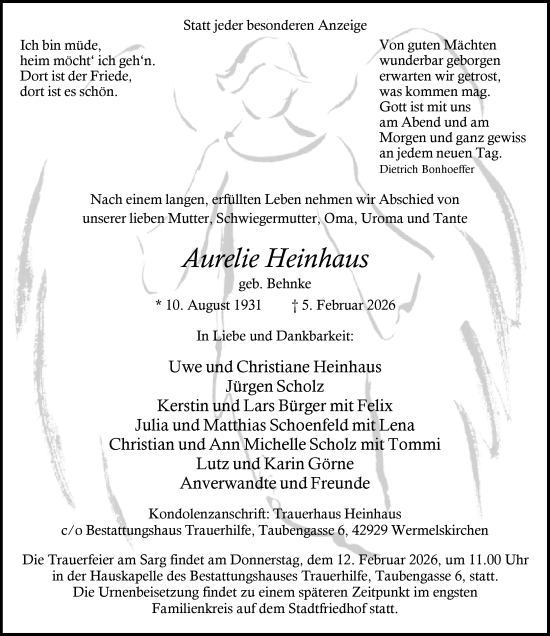 Traueranzeige von Aurelie Heinhaus von Rheinische Post