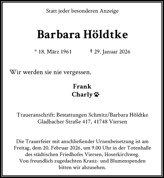 Traueranzeige von Barbara Höldtke von Rheinische Post
