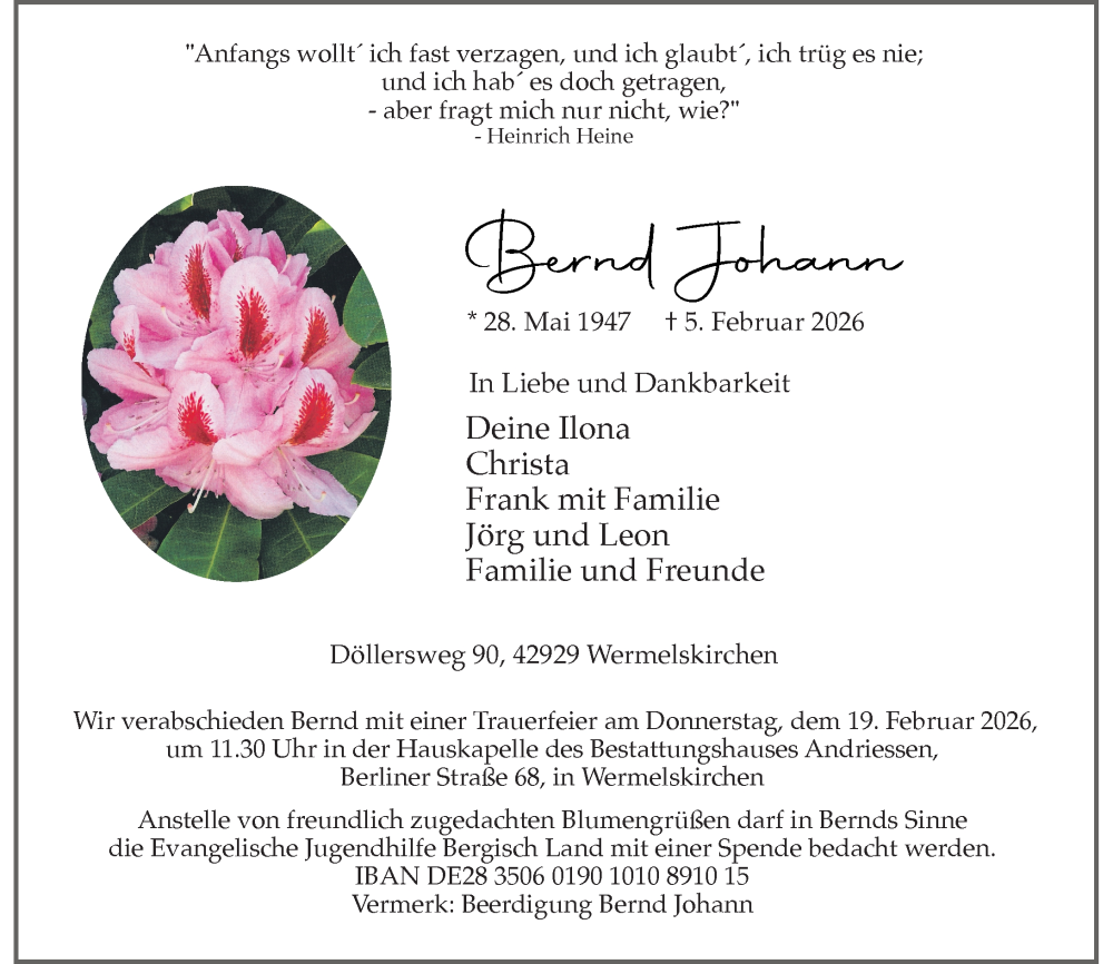  Traueranzeige für Bernd Johann vom 14.02.2026 aus Rheinische Post