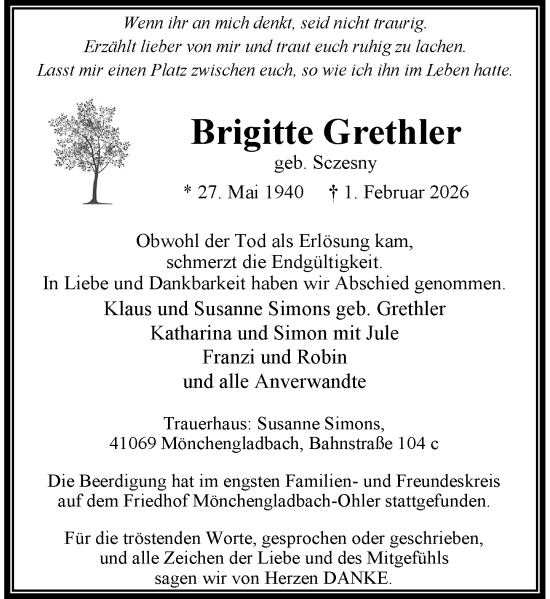 Traueranzeige von Brigitte Grethler von Rheinische Post