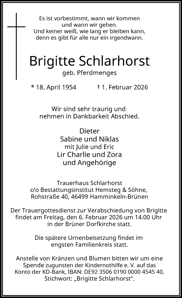  Traueranzeige für Brigitte Schlarhorst vom 04.02.2026 aus Rheinische Post