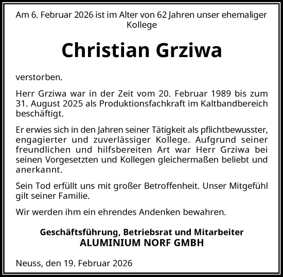 Traueranzeige von Christian Grziwa von Rheinische Post