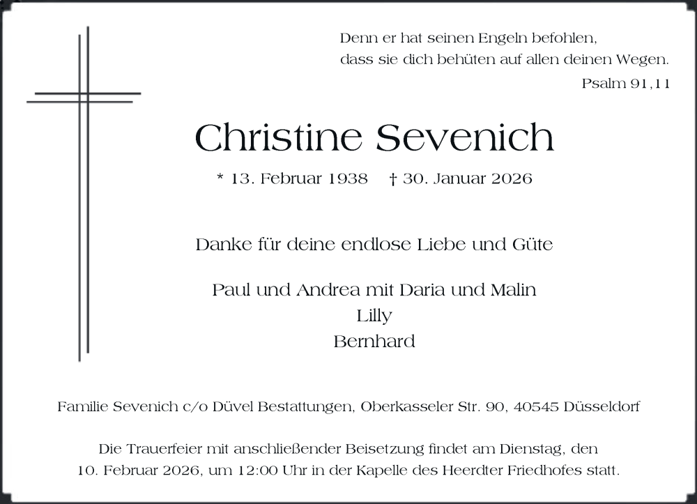  Traueranzeige für Christine Sevenich vom 07.02.2026 aus Rheinische Post