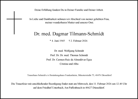 Traueranzeige von Dagmar Tilmann-Schmidt von Rheinische Post